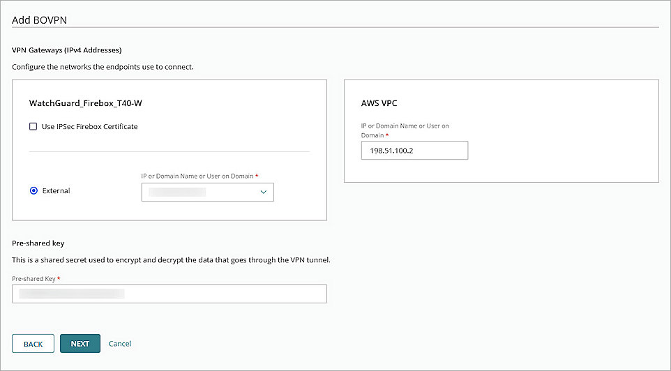 Screenshot of WatchGuard Cloud, Add BOVPN page with VPN gateway settings
